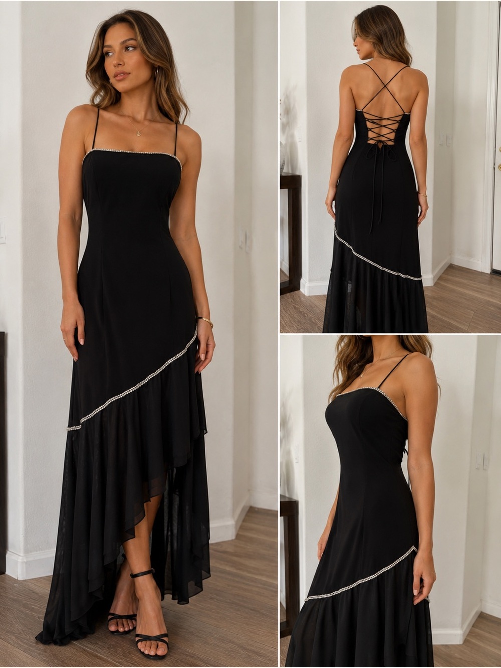 Dave & Johnny Black Beaded-Trim High-Low Maxi Dress